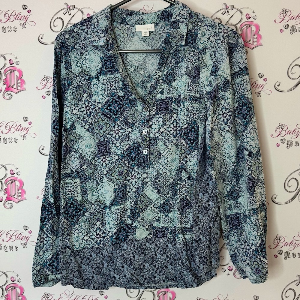 J.Jill button down shirt paisley boho Patterned Blue and Gray Top shiny